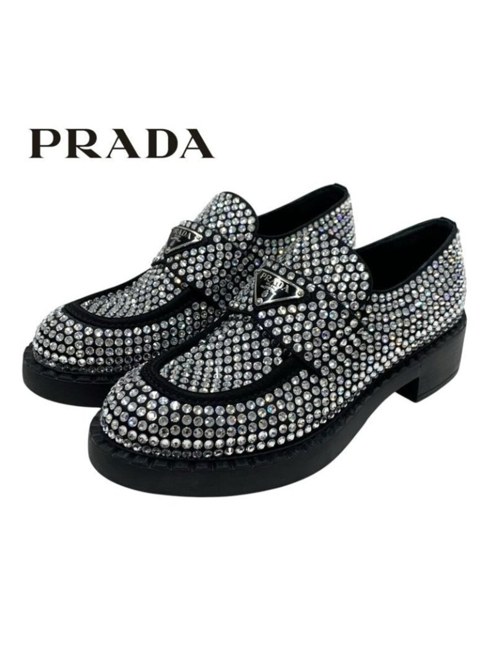 Prada Loafers Leather Shoes Satin Black Crystal Rhinestone Logo Plate - Picture 2 of 11